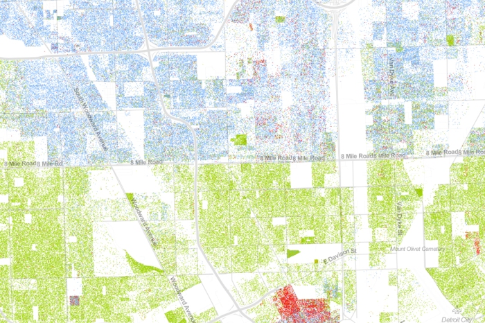 Drawing from the 2010 Census, this map shows one dot per person. White people are shown with blue dots; African-Americans with green; Asians with red; and Latinos with orange, with all other race categories from the Census represented by brown. Pictured here: Detroit.